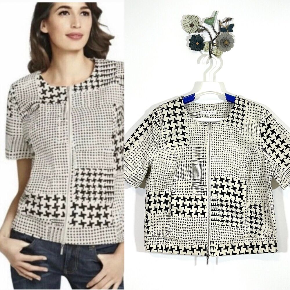 Cabi Ivory Black Houndstooth Short Sleeve Bomber Jacket 2 Way Zip Size Medium